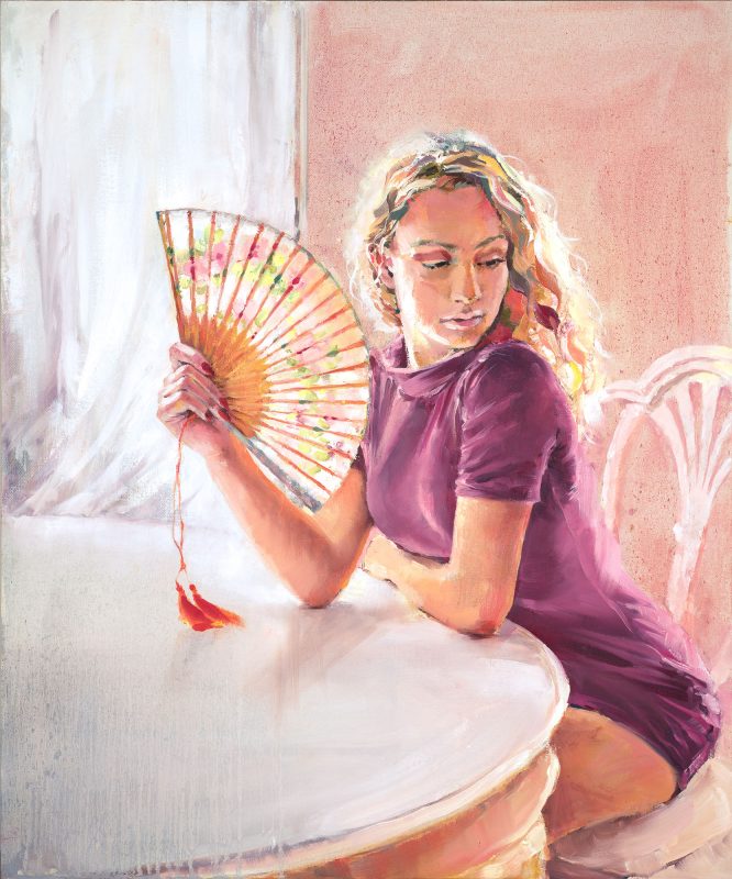 Painting of Caitlyn called Summer Respite. She's sitting at at table holding about ornate fan trying to keep cool from the heat